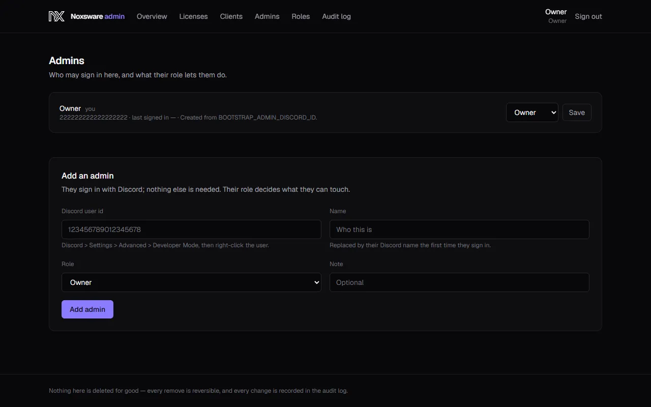 The Admins page