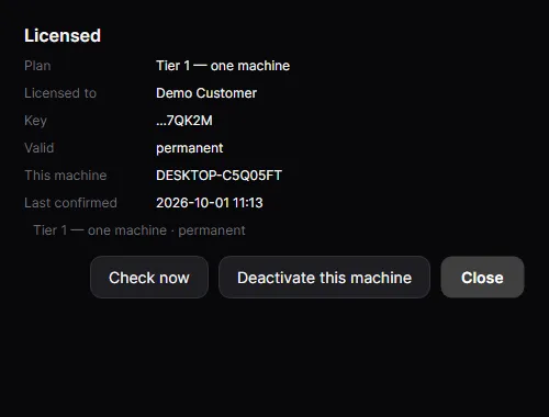 The License window for a Solo license