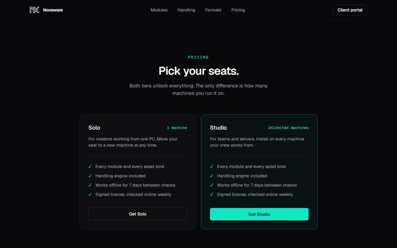 Pricing on noxsware.com