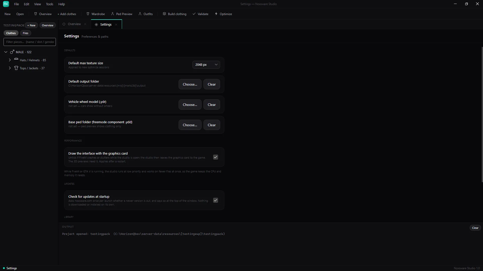 The Settings page