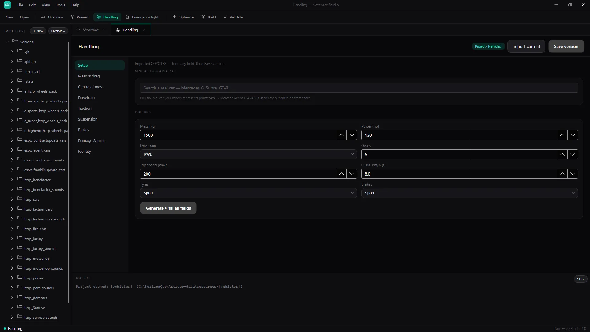 The Handling page, Setup section